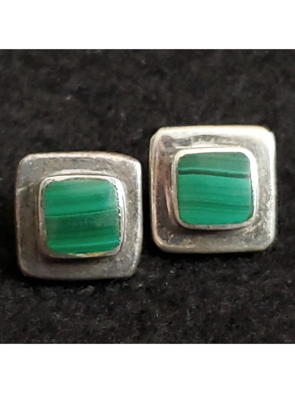 Sterling Silver Earrings Malachite Green Square 1/2" Western Boho